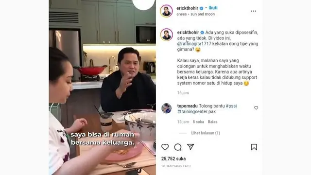 Tangkapan layar instagram Menteri Badan Usaha Milik Negara (BUMN) Erick Thohir.