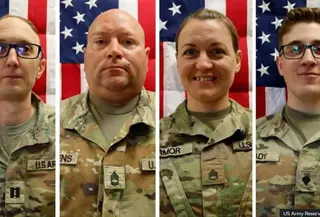 Dari kiri ke kanan: Kapten Cody Khork, Sersan Kelas Satu Noah Tietjens, Sersan Kelas Satu Nicole Amor dan Sersan Declan Coady - dua anggota militer lainnya yang belum diidentifikasi juga tewas dalam serangan di Kuwait. (Dok. Komando Cadangan Angkatan Darat AS)