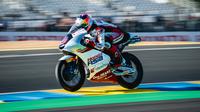 Veda Ega Pratama saat finis posisi enam pada kualifikasi Moto3 Prancis di Sirkuit Le Mans hari Sabtu (09/05/2026). (Honda Team Asia)