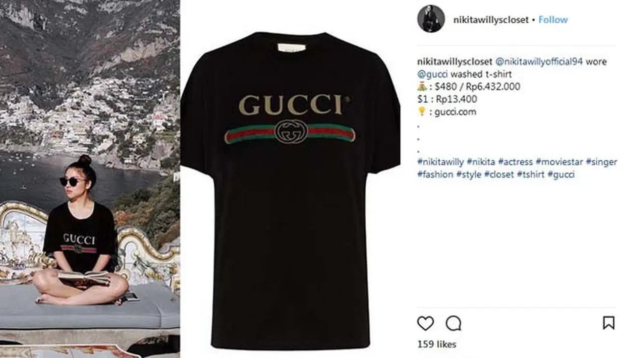 Selain gemar tampil glamor, Nikita Willy juga sering tampil kasual dan memakai kaus. Untuk koleksi kaus hitam bermotif tulisan ini, harganya mencapai Rp. 6.432.000. (Instagram/nikitawillycloset)