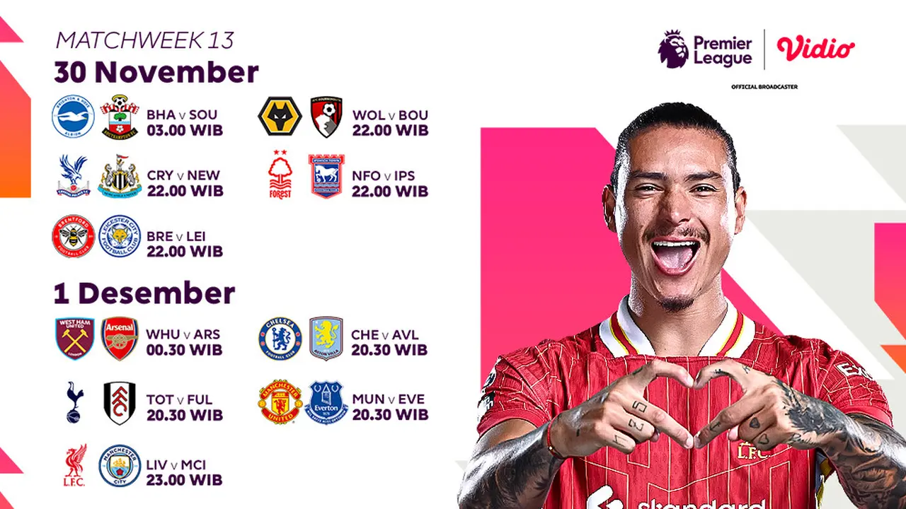 Jadwal Premier League 202/24 Matchweek 13 di Vidio