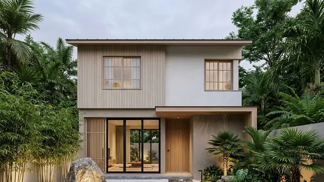 Fasad Japandi Balok Minimalis dengan Wood Slat