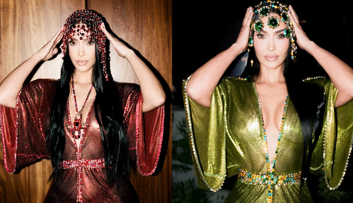 Kim Kardashian rayakan ulang tahunnya dengan gaya glamor. Ia kenakan dua kaftan mini sekaligus dari Rabanna. [@kimkardashian]