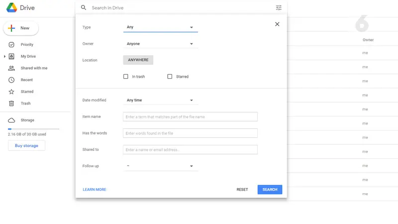 Search Option pada Google Drive