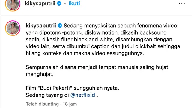 Unggahan Kiky Saputri. (Foto: Dok. Instagram @kikysaputrii)