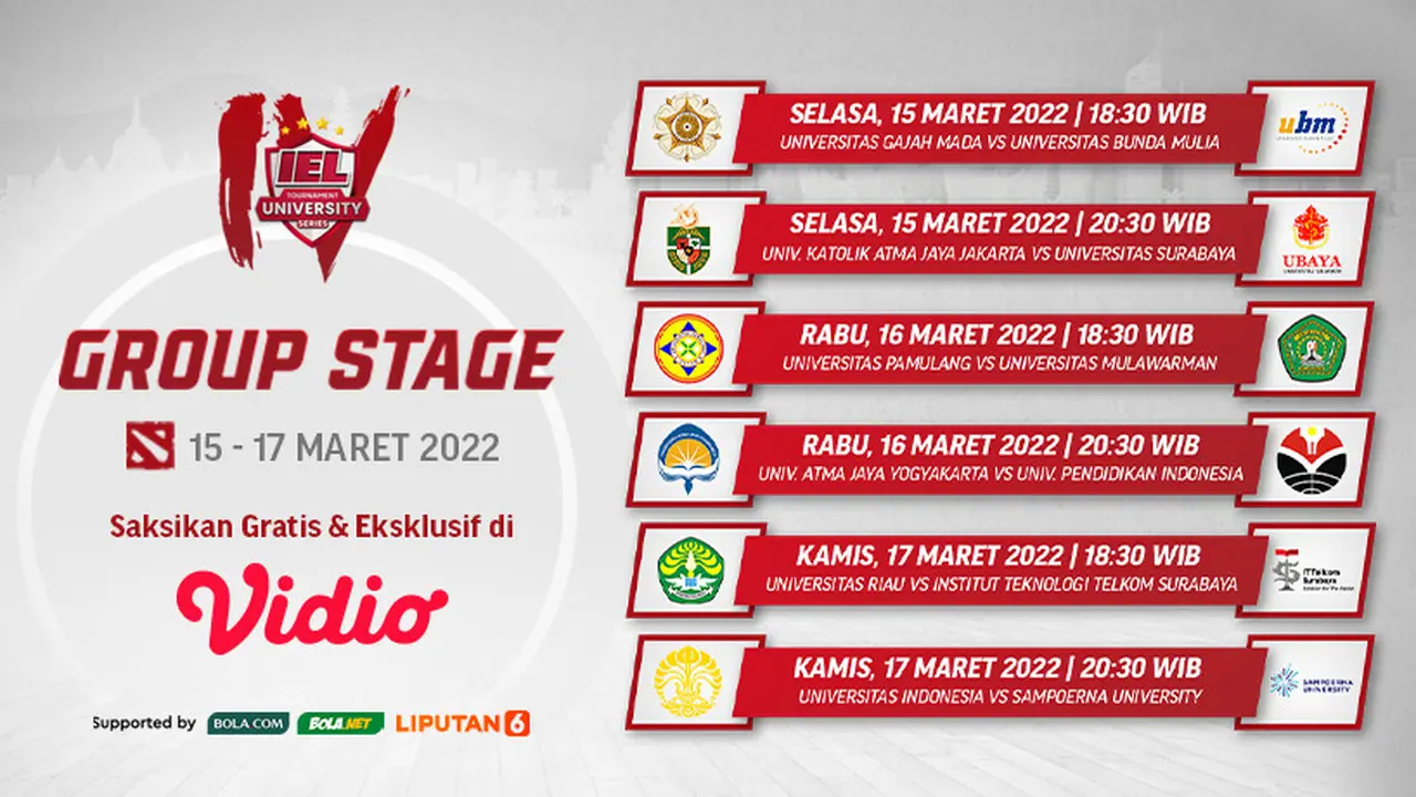 Link Live Streaming IEL University Season 4 Dota 2 Group Stage Pekan Ketujuh di Vidio, 15-17 Maret 2022