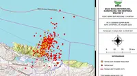 Gempa masih terus terjadi di pantai utara Jayapura, Papua, sampai saat ini. Badan Meteorologi Klimatologi dan Geofisika (BMKG) menyebut, hingga Kamis (5/1/2023) pukul 11.00 WIT, tercatat ada 392 gempa susulan, yang 44 di antaranya dirasakan getarannya. (Liputan6.com/ BMKG)