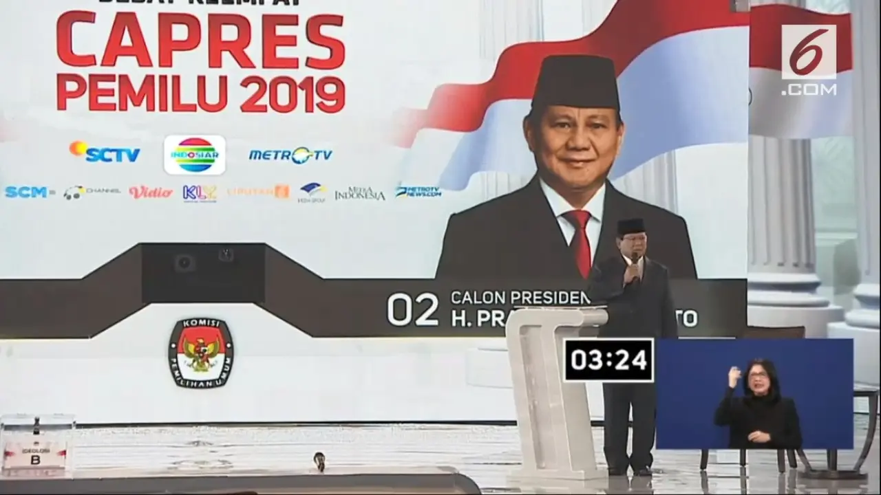 Calon Presiden nomor urut 02 Prabowo Subianto dalam debat keempat Pilpres 2019. (Liputan6.com)