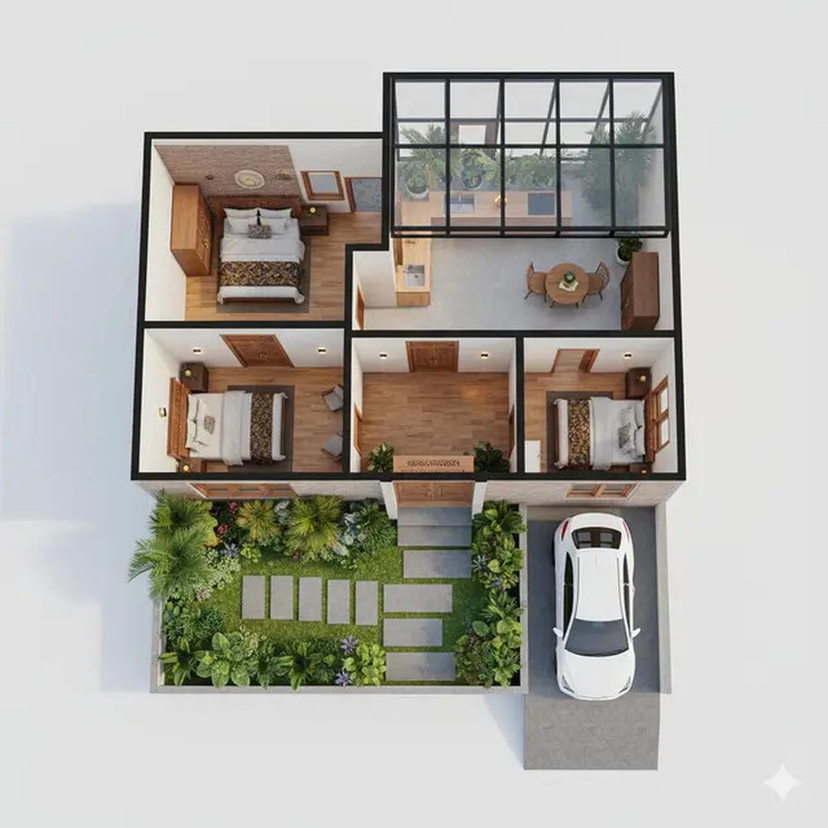 10 Denah Rumah Tipe 36 dengan Carport dan Taman Depan, Minimalis Modern