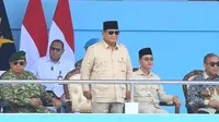 Presiden Prabowo Subianto saat menghadiri HUT ke-80 TNI di Komplek Monas Jakarta, Minggu (5/10/2025). (Liputan6.com/Radityo)
