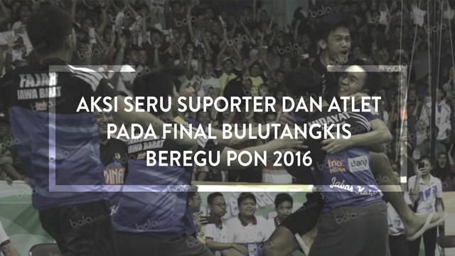Video aksi seru penonton dan atlet pada partai final bulutangkis beregu putra PON 2016, yang berlangsung di GOR Bima, Cirebon.