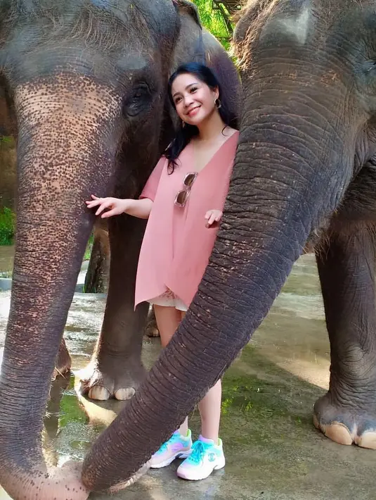 Pleated blouse dan short pants yang nyaman jadi pilihan Nagita Slavina kala ke Bali Zoo. [Foto: IG/balizoo].