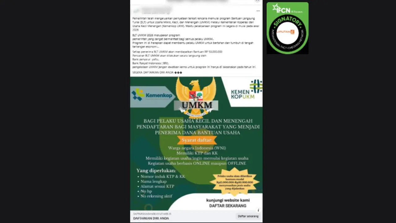Tangkapan layar klaim link pendaftaran untuk mendapatkan BLT UMKM 2026 sebesar Rp 50 juta yang beredar di Facebook. Cek faktanya.