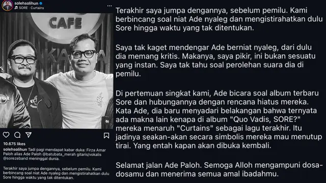 Postingan Soleh Solihun tentang Ade Paloh. (Dok. Foto Instagram @solehsolihun)