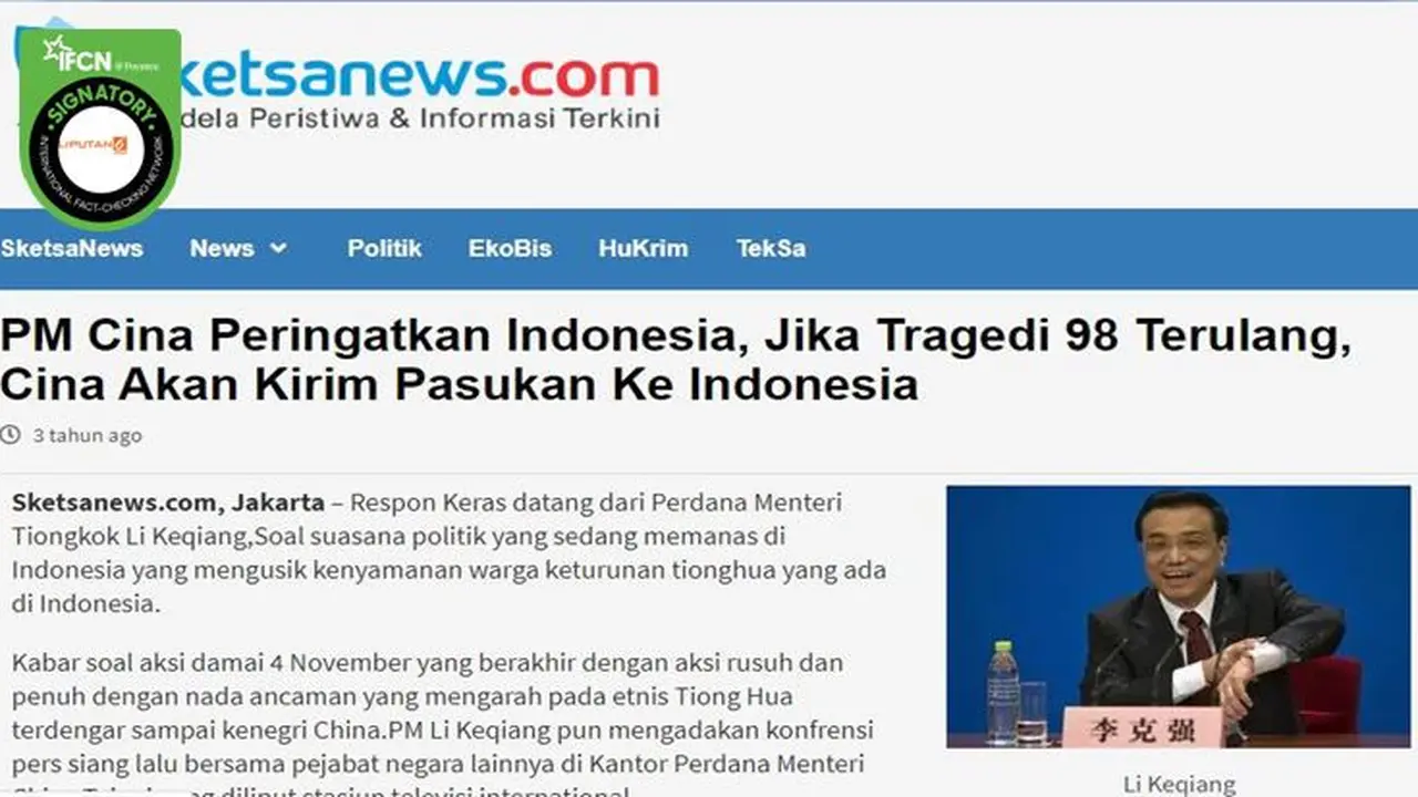 [Cek Fakta] Gambar Tangkapan Layar Berita Tentang PM China