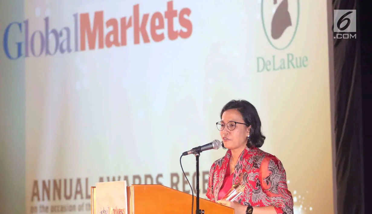 Menteri Keuangan Sri Mulyani memberikan sambutan pada acara Global Markets Award Ceremony di Nusa Dua Bali, Sabtu (13/10). Sri Mulyani meraih penghargaan  sebagai Menteri Keuangan Of The Years 2018. (Liputan6.com/Angga Yuniar)