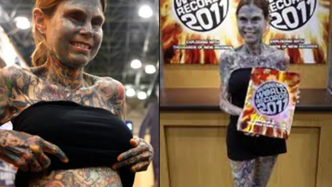 Ladies, dia adalah wanita dengan rekor tato terbanyak di tubuhnya..