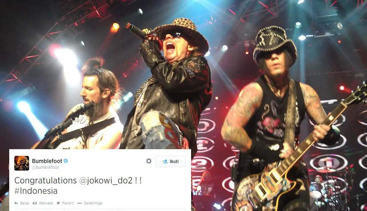 Gitaris yang lebih dikenal dengan sebutan 'Bumblefoot' itu menuliskan ucapan selamat untuk Presiden Indonesia terpilih Joko Widodo di akun Twitter @bumblefoot. (Istimewa)