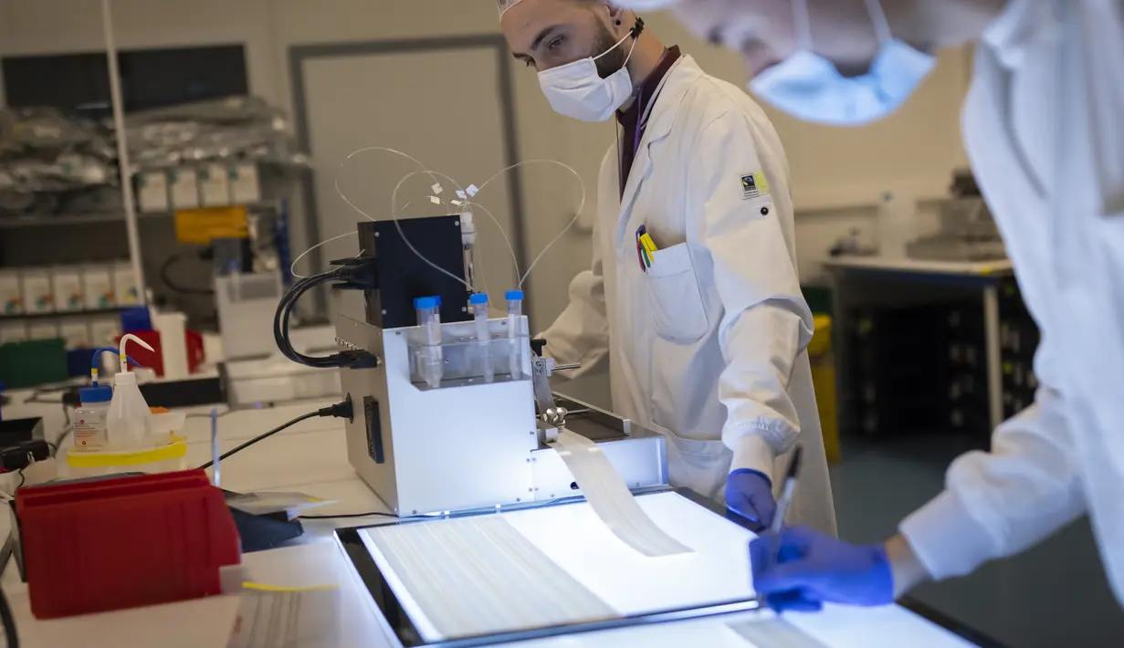 Karyawan bekerja pada strip reaktif di NG Biotech, sebuah start-up yang membuat berbagai tes medis, di Guipry, Prancis pada 7 Januari 2022. Prancis memecahkan rekor infeksi harian tertinggi di Eropa membuat produsen bekerja keras memenuhi permintaan besar untuk tes. (AP Photo/Jeremias Gonzalez)
