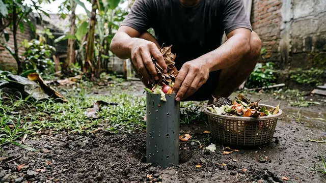 Memasukkan Pipa dan Sampah Organik Biopori