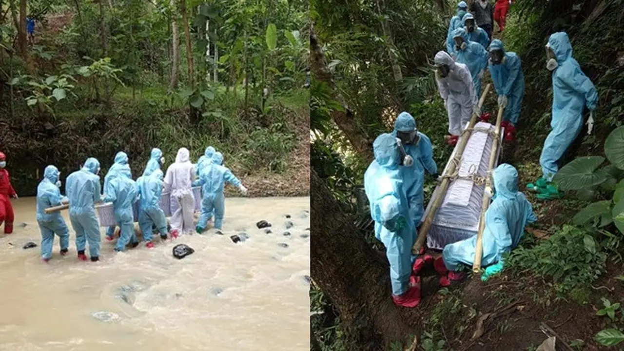 Sebrangi Sungai Ini 7 Potret Perjuangan Satgas Covid-19 Makamkan Jenazah di Kulon Progo