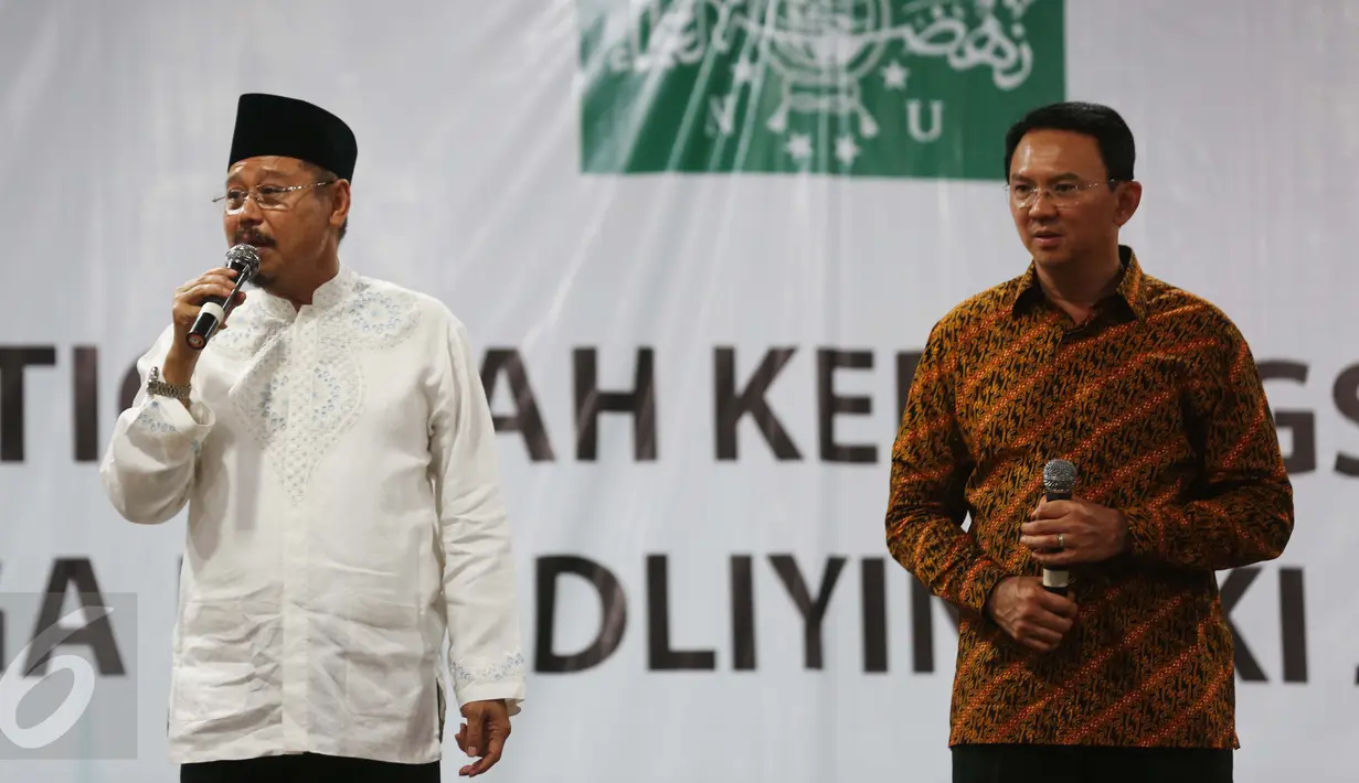 Cagub DKI Basuki Tjahaja Purnama alias Ahok menghadiri Istighosah Kebangsaan warga Nahdliyin di Jakarta, Minggu (5/2). Istighosah itu untuk mendoakan agar bangsa dan negara Indonesia khususnya warga Jakarta aman dan tertib. (Liputan6.com/Angga Yuniar)
