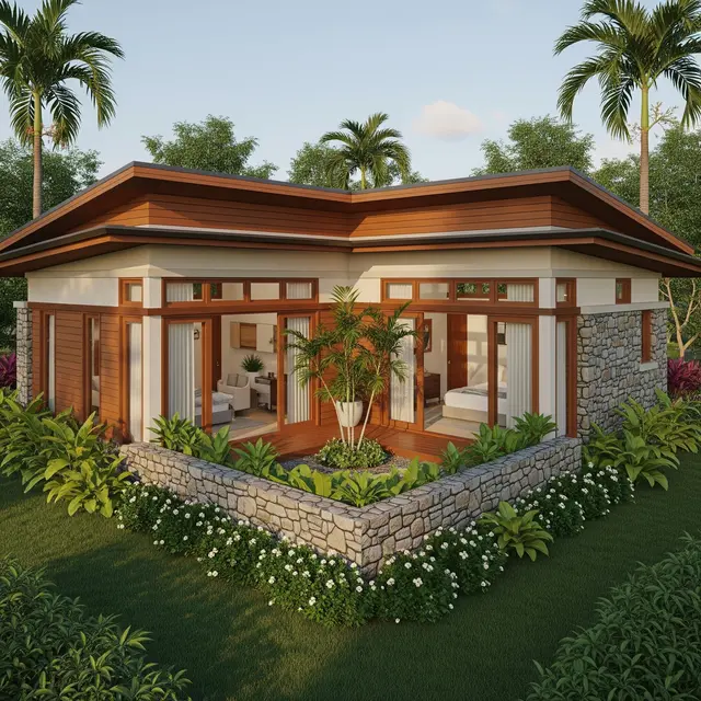 Desain Rumah Kecil 8x15 m dengan Konsep Tropis Modern yang Asri (Image by Gemini AI)