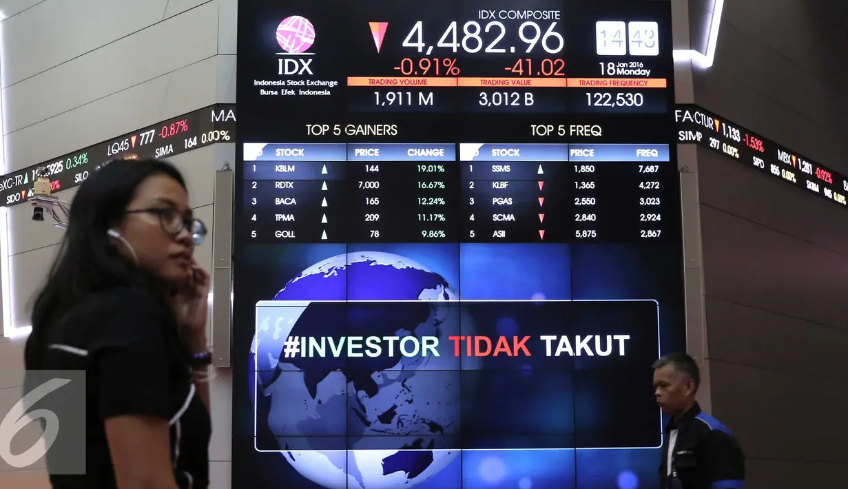 Pengunjung melintas di bawah layar bertuliskan #investor tidak takut di Bursa Efek Indonesia, Jakarta, Senin (18/1). Direktur utama BEI Tito menjelaskan tidak terjadi pengaruh besar pasca teror terhadap perdagangan di BEI. (Liputan6.com/Angga Yuniar)