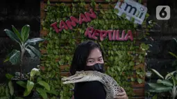 Seorang wanita foto dengan anak buaya di di kawasan Taman Mini
Indonesia Indah, Jakarta, Minggu (12/10/2021). Pemprov DKI Jakarta memberi izin dua tempat wisata, yaitu TMII dan kawasan wisata Ancol, untuk menggelar uji coba pengoperasian pada masa PPKM level 3. (Liputan6.com/Faizal Fanani)