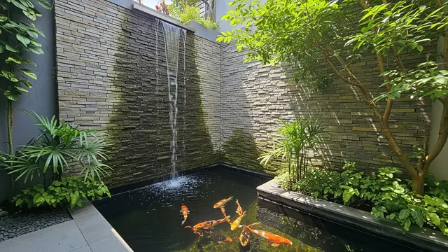 Desain Kolam Ikan Koi Model Sudut dengan Dinding Batu Alam Vertikal