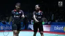 Ganda putri Indonesia, Siti F S Ramadhanti/Agatha Imanuela usai melawan Misaki Matsumoto/Ayaka Takahashi (Jepang) di 16 besar Indonesia Open 2018, Jakarta, Kamis (5/7). Imanuela/Ramadhanti kalah 17-21 21-12 21-11. (Liputan6.com/Helmi Fithriansyah)