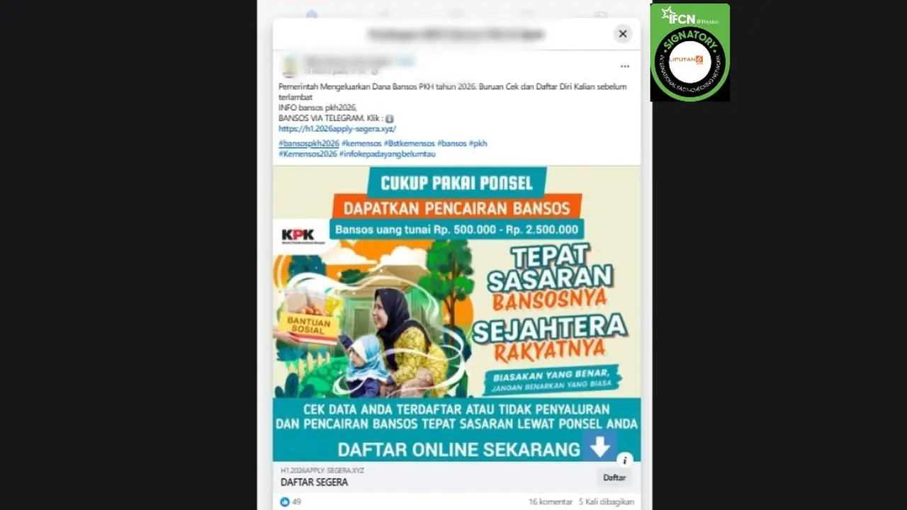 Cek Fakta Liputan6.com mendapati klaim link untuk mengecek status bansos PKH tahun 2026 via Telegram.