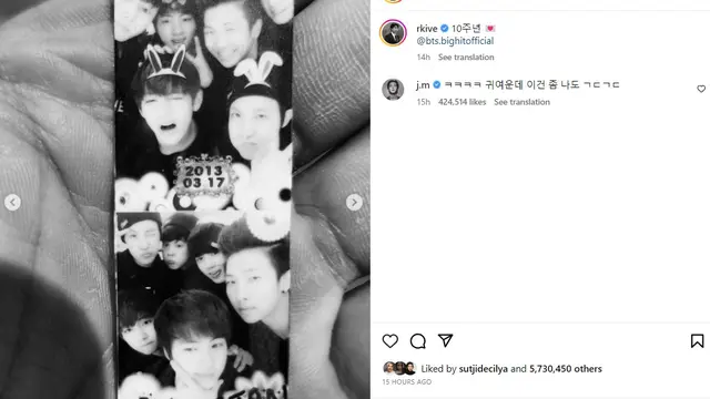 Unggahan RM BTS sambut 10 tahun perayaan debut BTS. (Instagram/ rkive)