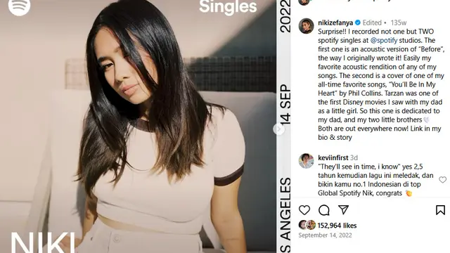 Unggahan di akun Instagram NIKI. (Instagram/ nikizefanya- spotify)