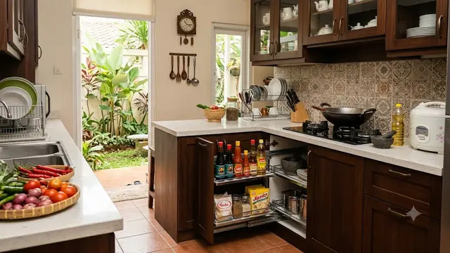 Ide Dapur dengan Rak Piring Tarik dan Tempat Bumbu Tersembunyi