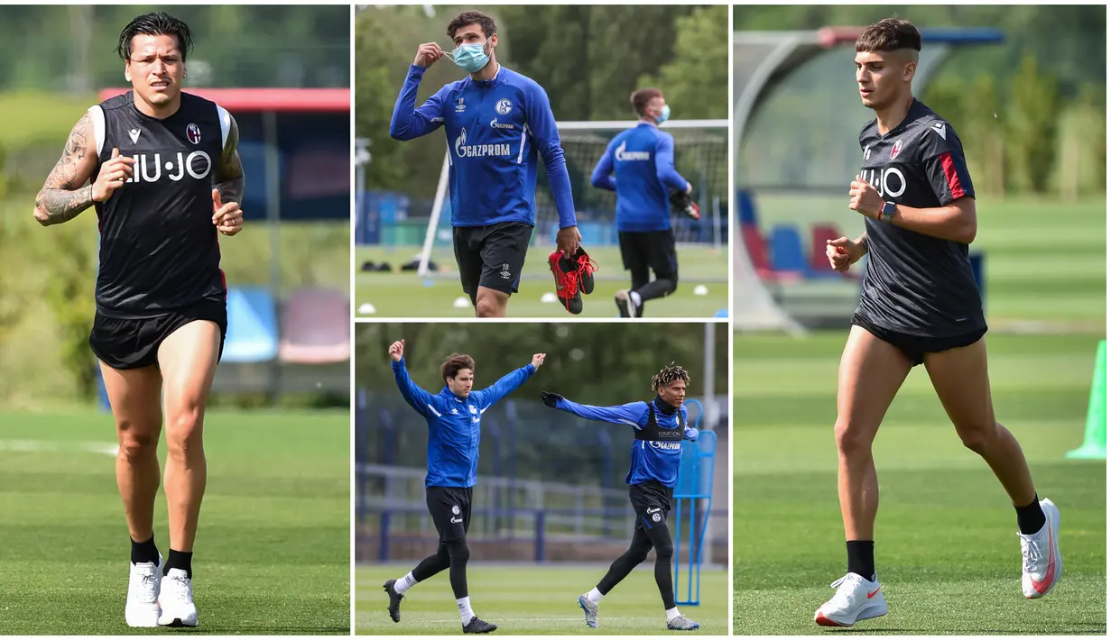 Berikut ini potret latihan dari klub Bundesliga, Schalke 04 dan tim Serie A, Bologna saat, melakukan latihan jelang bergulirnya kembali liga.