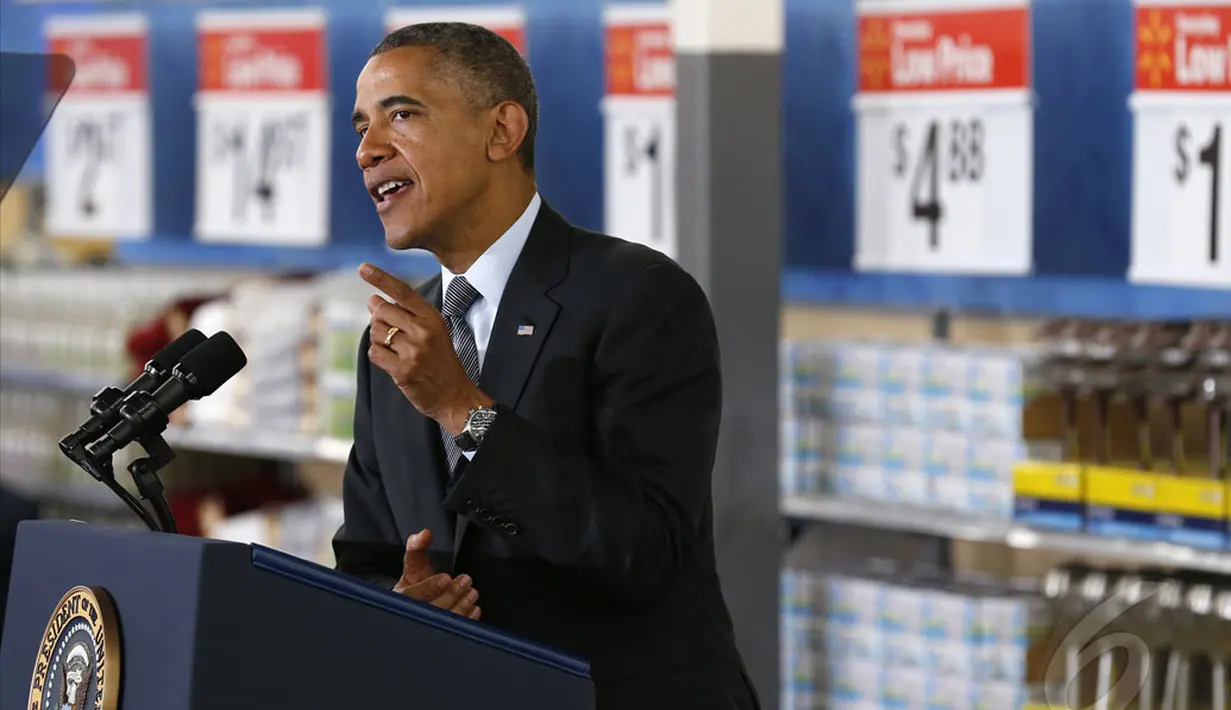 Presiden AS Barack Obama berbicara tentang energi selama kunjungan ke sebuah toko Wal-Mart di Mountain View, California, 9 Mei 2014 (REUTERS / Kevin Lamarque).