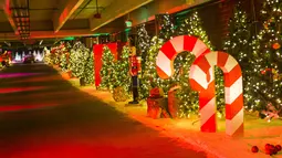 Berbagai dekorasi dan lampu Natal terlihat saat para pengunjung mengendarai mobil mereka menuju pertunjukan cahaya lantatur (drive-thru) bertema Natal "Polar Drive" di Toronto, Kanada, pada 15 Desember 2020. Semua pengunjung harus tetap berada di dalam mobil mereka. (Xinhua/Zou Zheng)