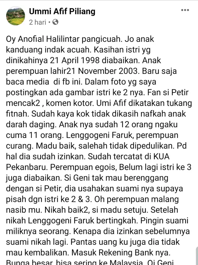 Unggahan Ummi Afif Piliang. (Foto: Facebook Ummi Afif Piliang)