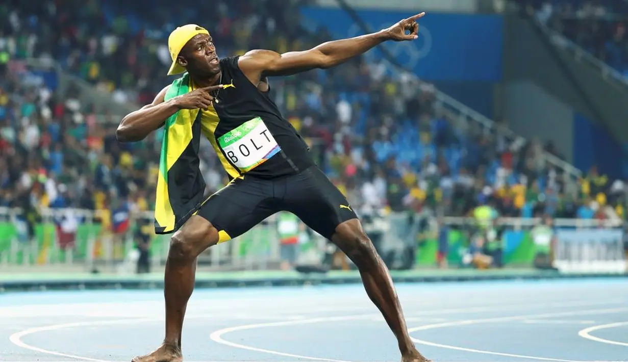 Ekspresi sprinter Jamaika, Usain Bolt, setelah meraih emas lari 100 m Olimpiade Rio 2016, Minggu (14/8/2016). Bolt mencetak hattick setelah meraih emas 100 m di Olimpiade 2008 dan 2012. (Reuters/Lucy Nicholson)