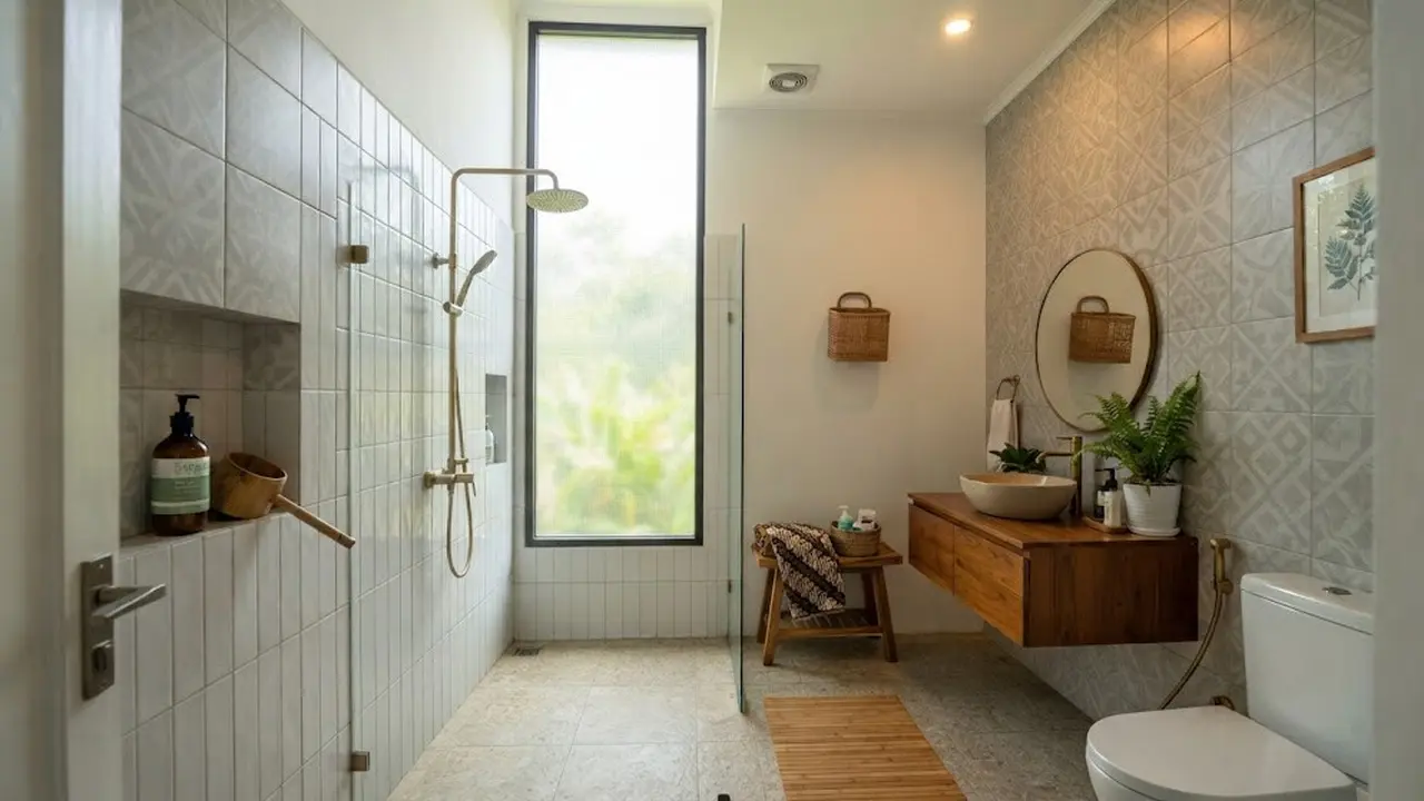 Model kamar mandi dengan jendela tinggi agar tetap mendapat cahaya