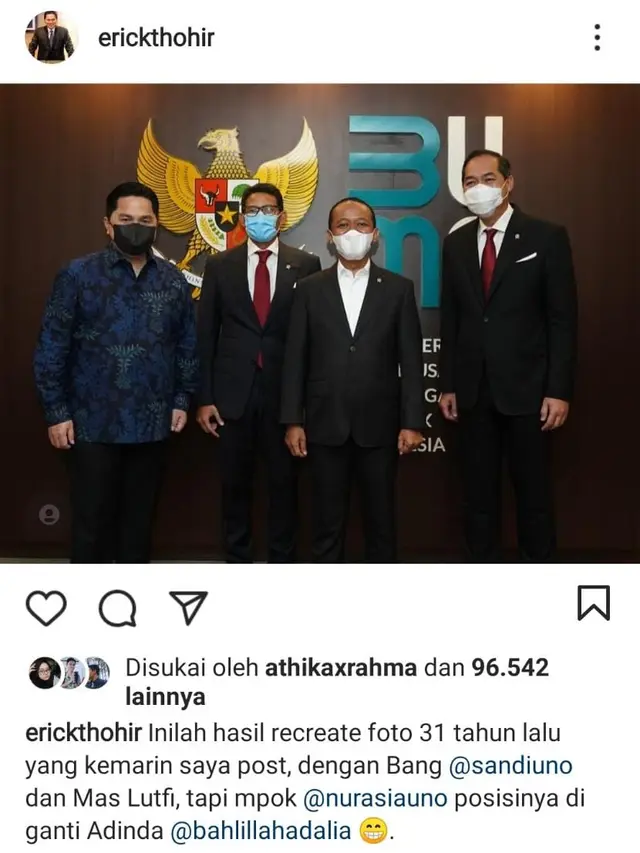 Menteri BUMN Erick Thohir mengunggah foto bersama dua sahabat karibnya, Menteri Pariwisata dan Ekonomi Kreatif Sandiaga Uno dan Menteri Perdagangan Muhammad Lutfi.