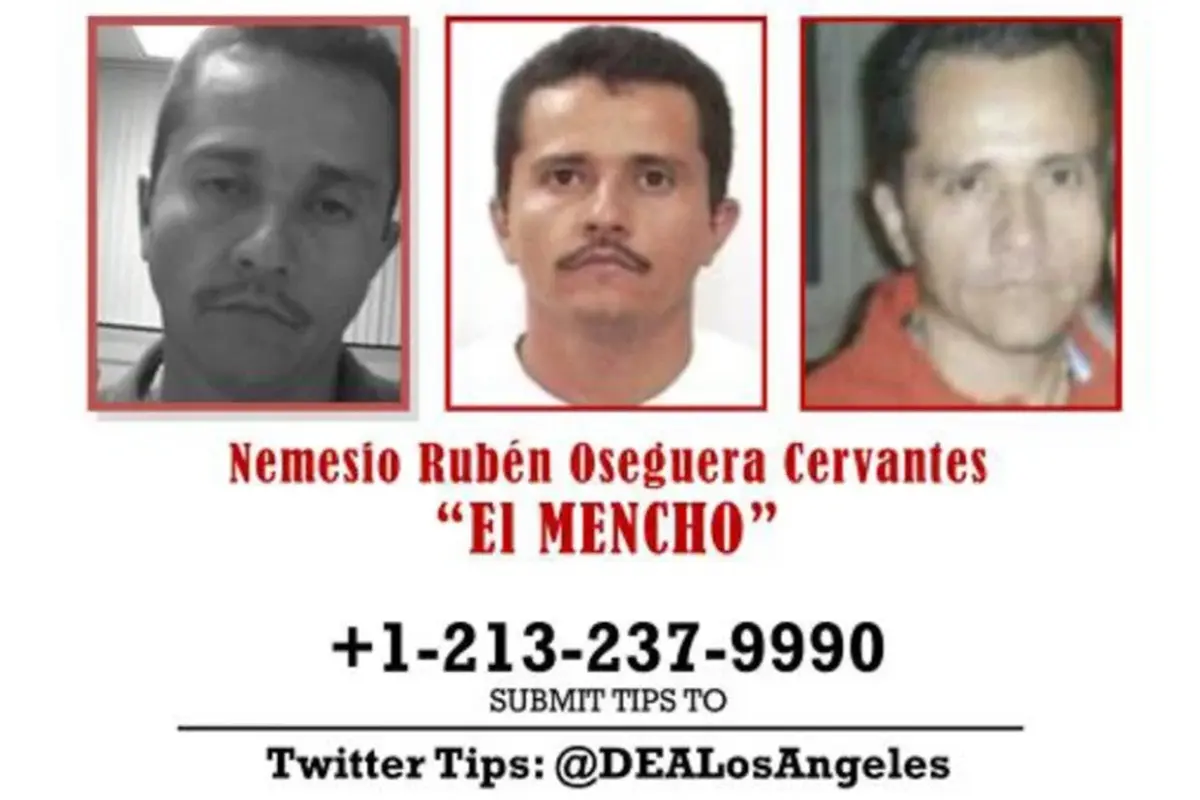 Sosok pemimpin kartel narkoba, Generasi Baru Jalisco (CJNG), Nemesio Ruben Oseguera Cervantes alias "El Mencho" dalam poster yang dirilis Badan Pemberantasan Narkoba Amerika Serikat (DEA).