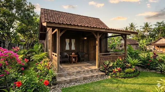 Contoh Rumah Desa dengan Teras Keramik Motif Batu dan Taman Mini