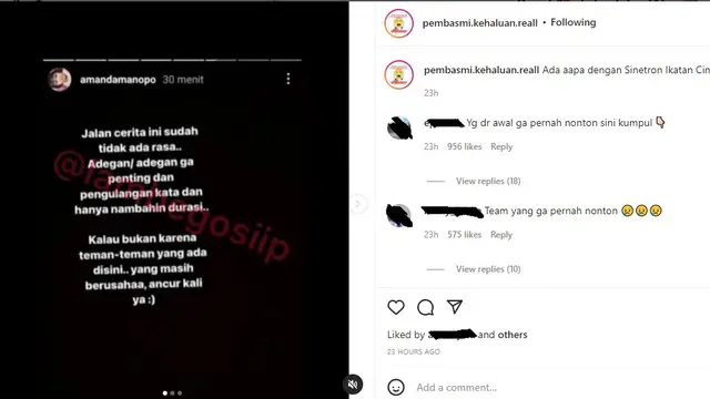 Amanda Manopo diduga keluhkan alur cerita Ikatan Cinta (Foto: Instagram/@pembasmi.kehaluan.reall)