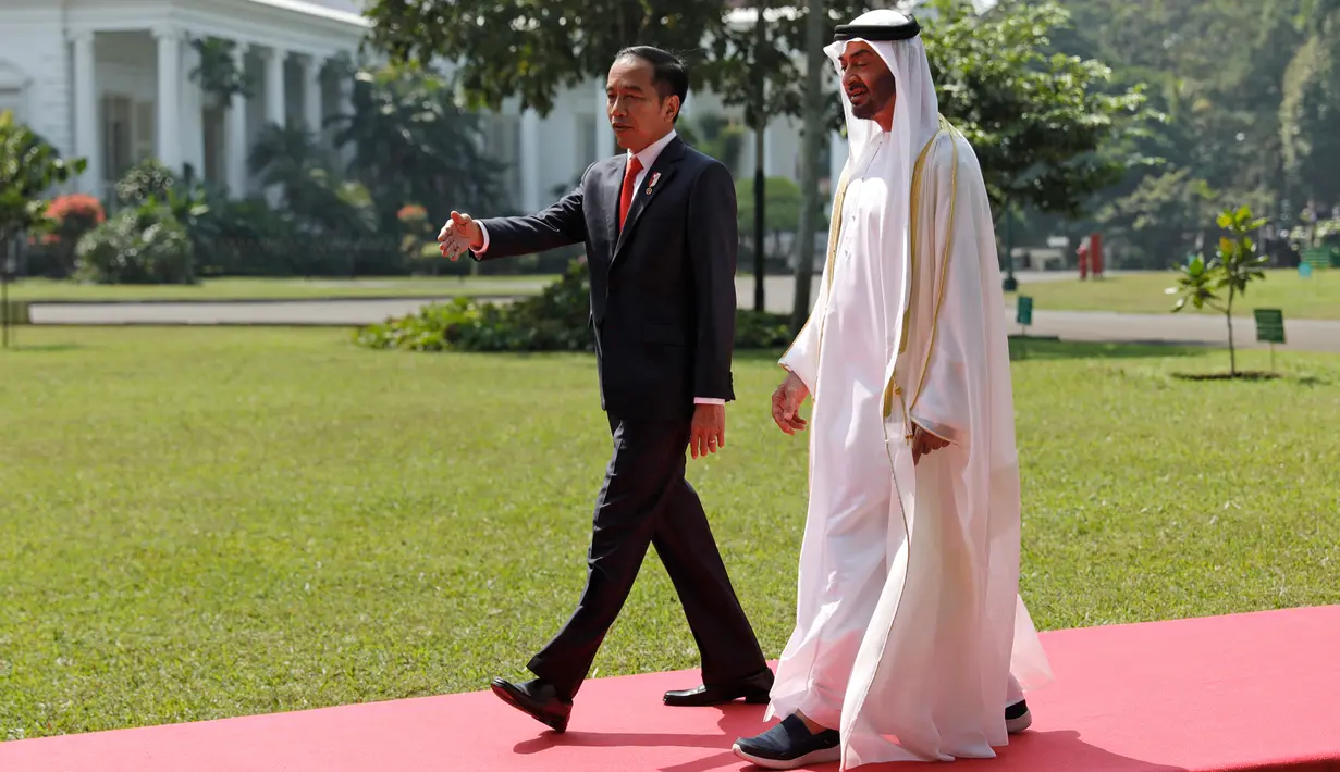 Presiden Joko Widodo (kanan) berbincang dengan Putra Mahkota Abu Dhabi/Wakil Panglima Tertinggi Angkatan Bersenjata Uni Emirat Arab Sheikh Mohamed Bin Zayed Al Nahyan (kiri) saat kunjungan kenegaraan di Istana Bogor, Jawa Barat, Kamis (24/7/2019). (Willy Kurniawan/Pool Photo via AP)