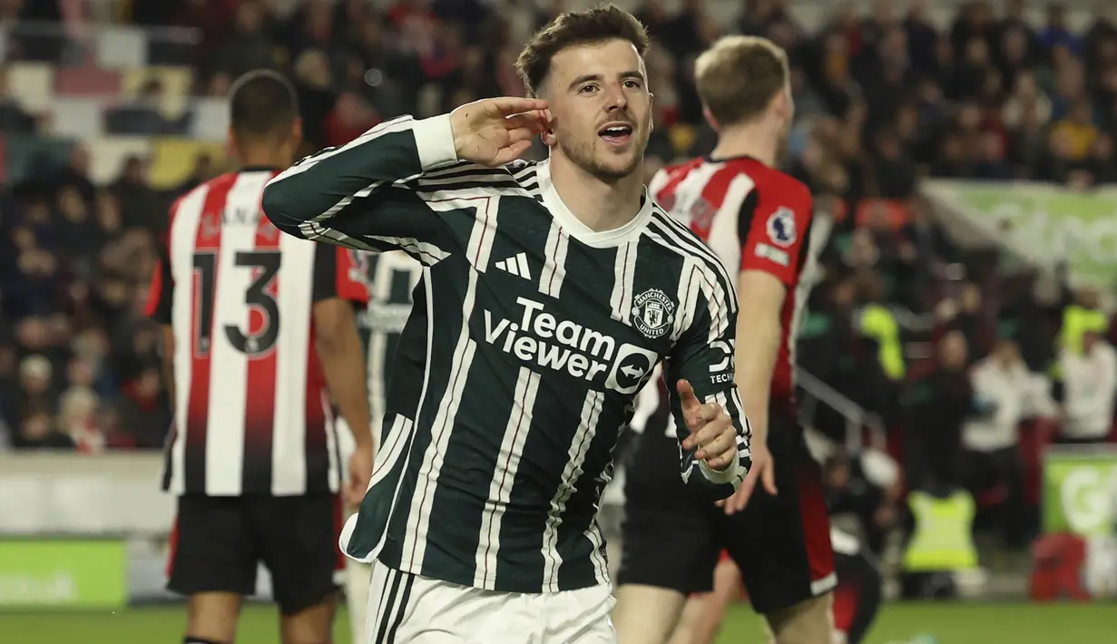 Selebrasi gelandang Manchester United, Mason Mount setelah mencetak gol ke gawang Brentford pada laga pekan ke-30 Premier League 2023/2024 di Gtech Community Stadium, London, Sabtu (30/3/2024). (AP Photo/Ian Walton)