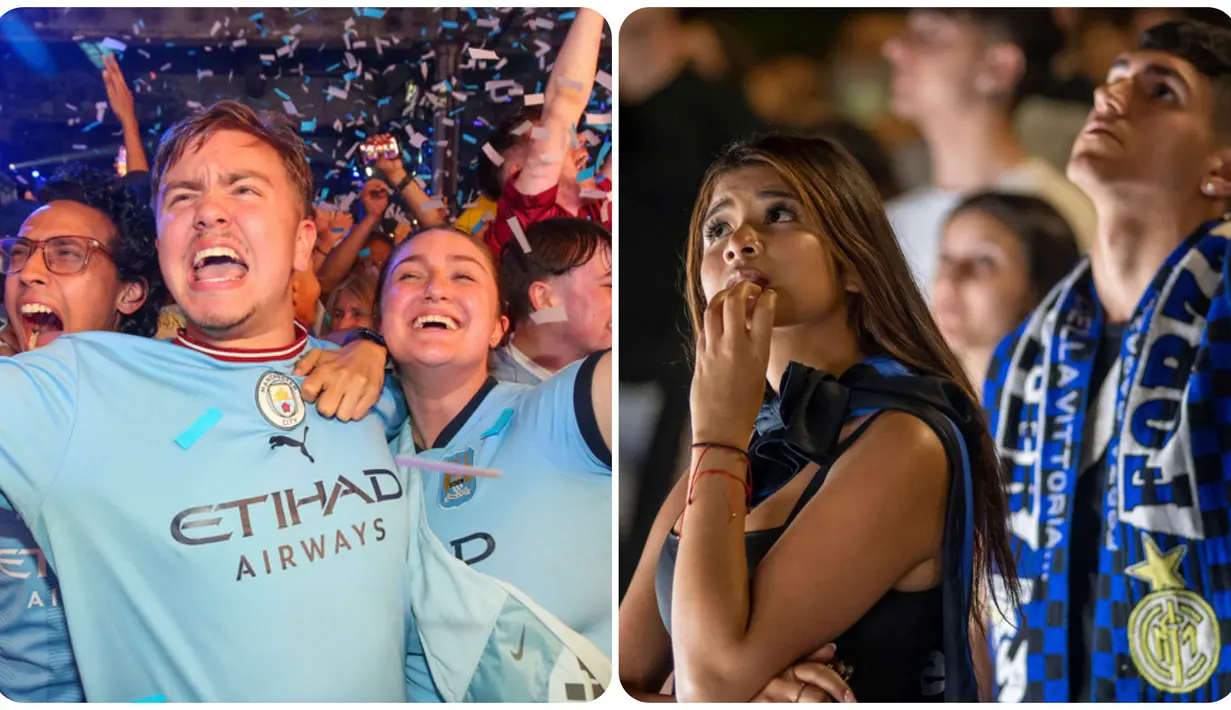 <p>Foto kombinasi memperlihatkan ekspresi suporter Manchester City (kiri) merayakan kemenangan Manchester City atas Inter Milan pada pertandingan final Liga Champions di Manchester, Inggris, Sabtu (10/6/2023). Sementara foto kanan memperlihatkan ekspresi suporter Inter Milan saat menyaksikan pertandingan final Liga Champions antara Manchester City dan Inter Milan di Milan, Italia, Sabtu (10/6/2023). (Nigel French/PA via AP - Claudio Furlan/LaPresse via AP)</p>
