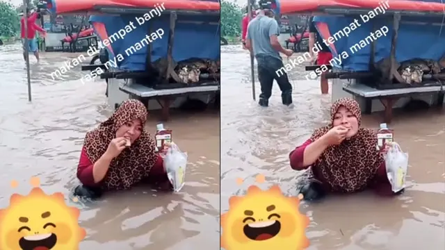 Viral Aksi Ibu-ibu Makan di Tengah Banjir, Jadi Sorotan
