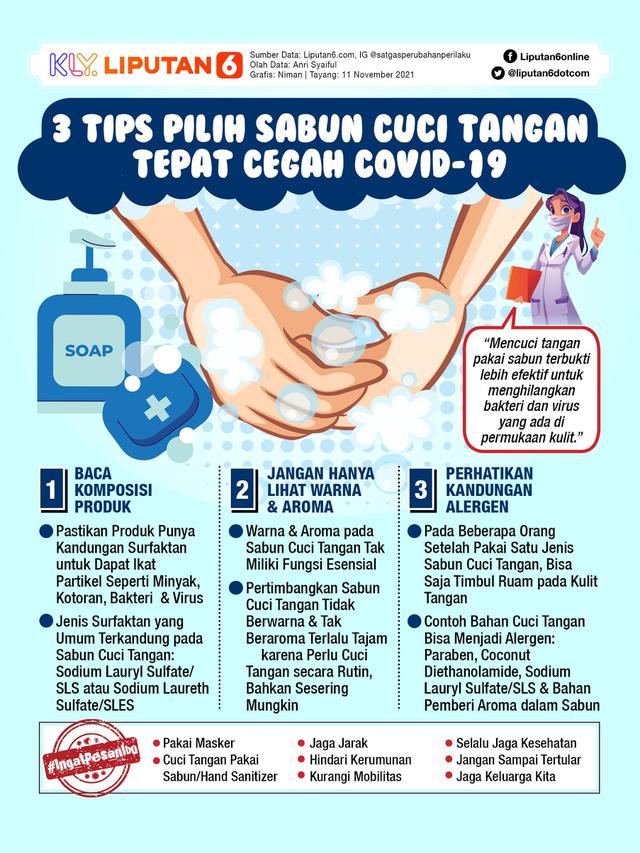 <span>Infografis 3 Tips Pilih Sabun Cuci Tangan Tepat Cegah Covid-19. (Liputan6.com/Niman)</span>